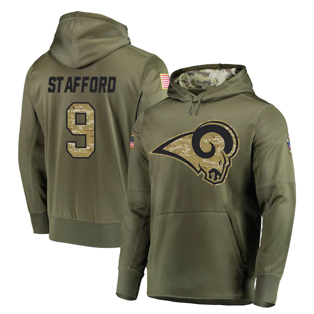Choea LA.Rams #9 Matthew Stafford Player Olive Salute to Service Pullover Hoodies Home Game Stitched Jerseys