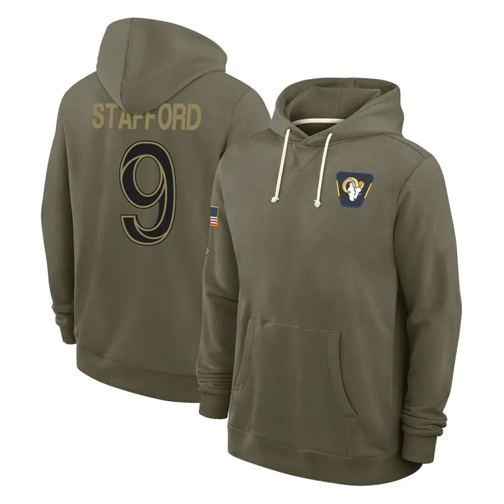 Choea LA.Rams #9 Matthew Stafford Player Olive Salute to Service Pullover Hoodies Limited Stitched Jerseys