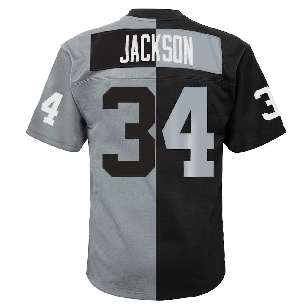 Choea LV.Raiders #34  Bo Jackson Mitchell & Ness BlackSilver Big & Tall Split Legacy Retired Player Replica Jersey