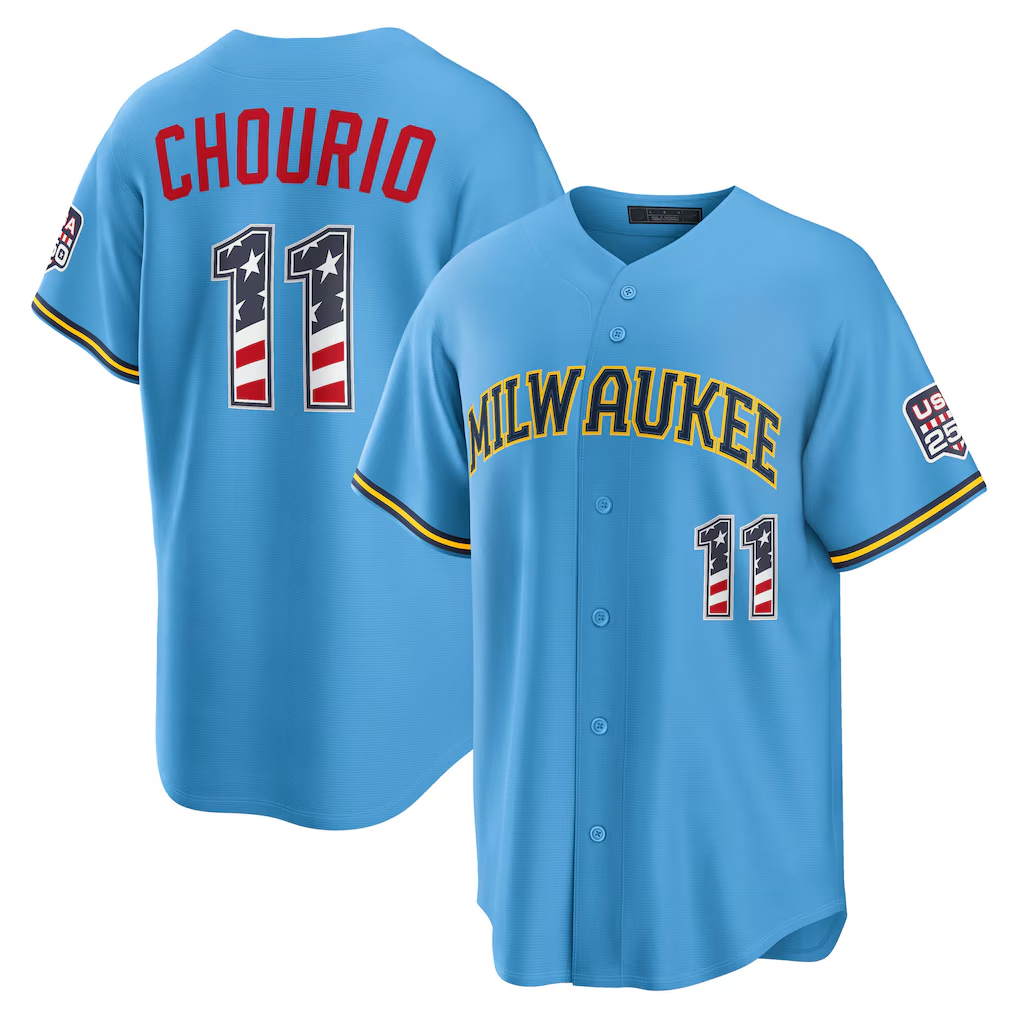 Choea M.Brewers #11 Jackson Chourio Light Blue USA 250 Fourth of July Road Stadium Jersey