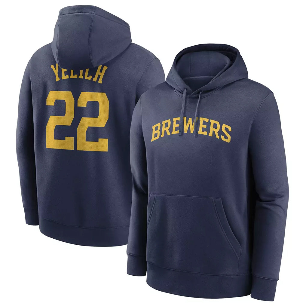 Choea M.Brewers #22 Christian Yelich Player Navy Club Pullover Hoodie Game Stitched Jerseys