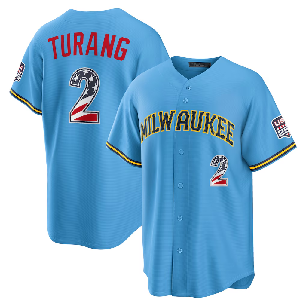 Choea M.Brewers #2 Brice Turang Light Blue USA 250 Fourth of July Road Stadium Jersey