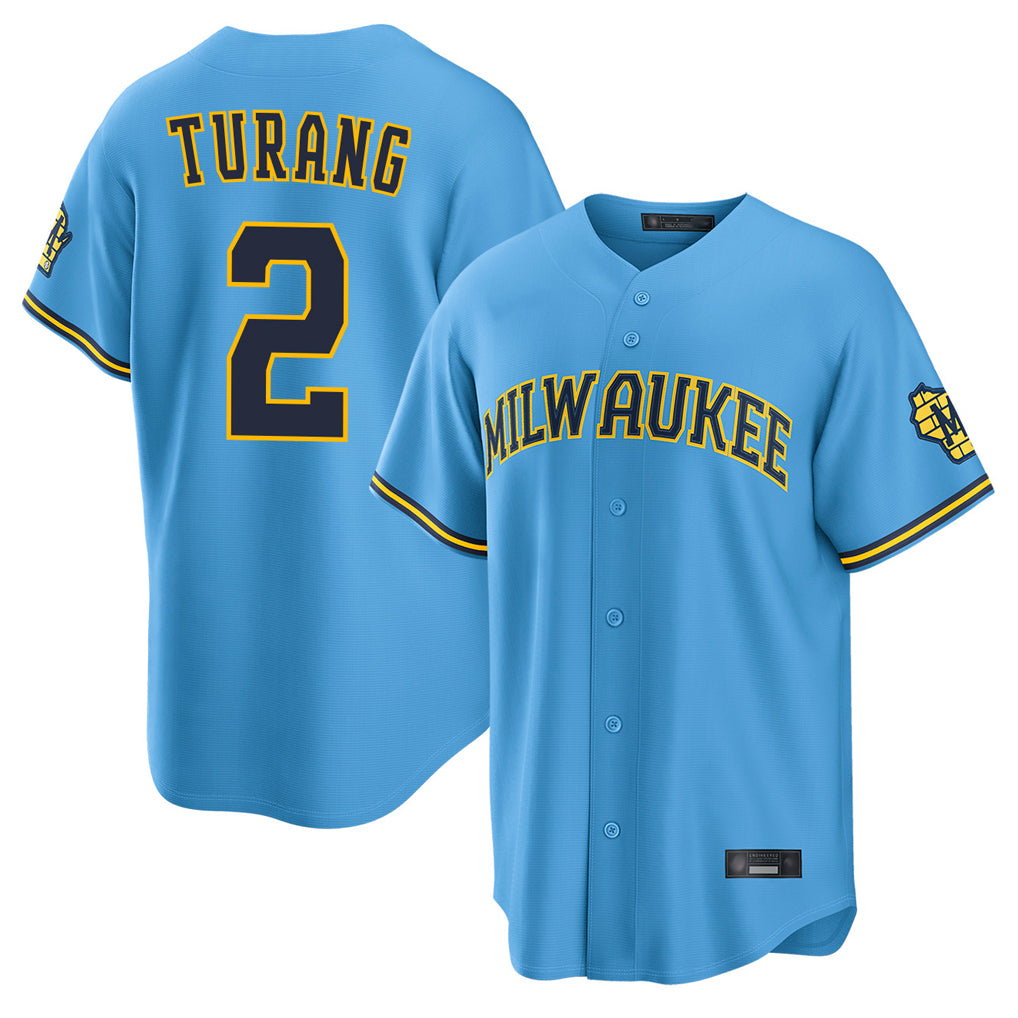 Choea M.Brewers #2 Brice Turang Player Light Blue Road Stadium Game Stitched Jerseys