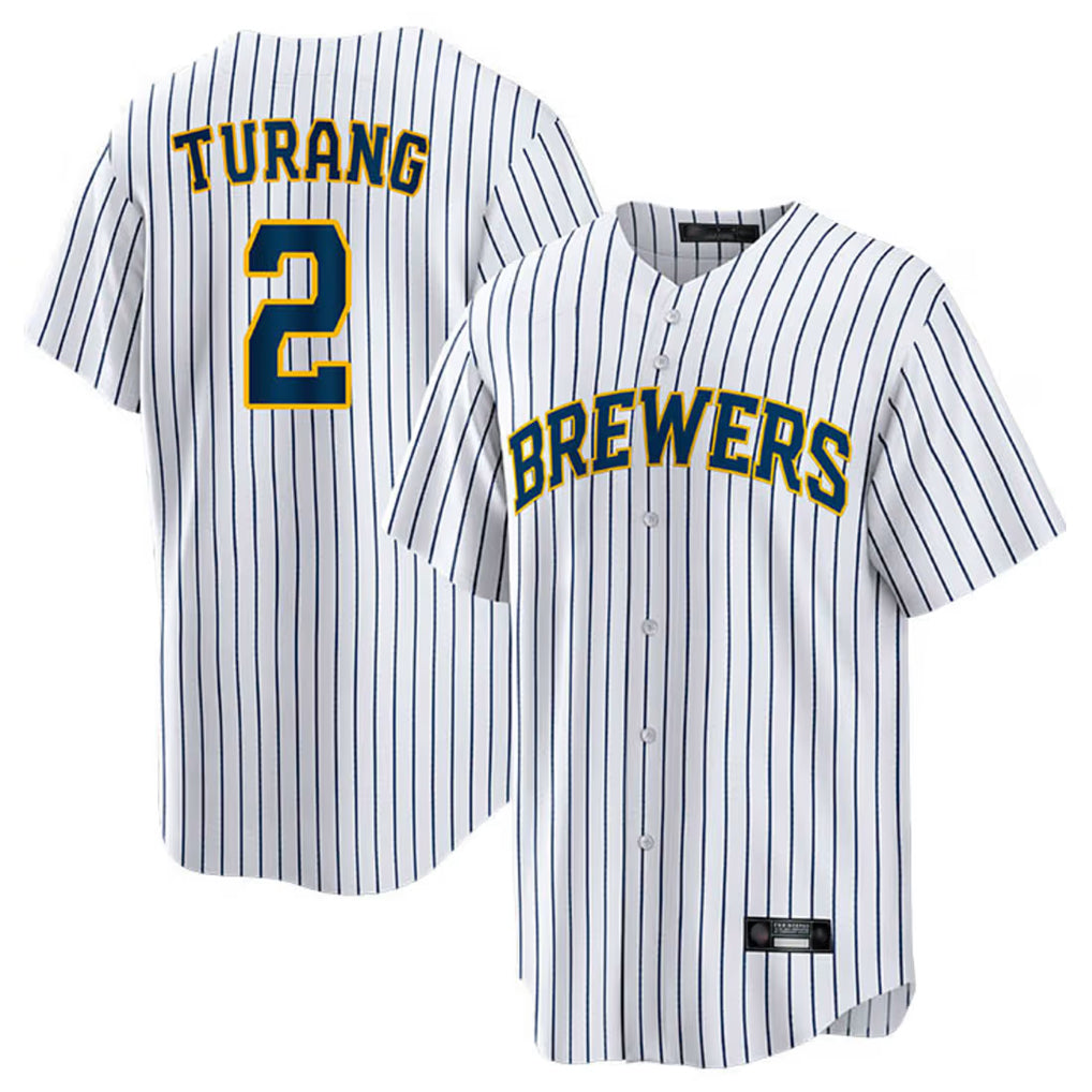 Choea M.Brewers #2 Brice Turang Player White Stripes Home Game Stitched Jerseys