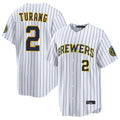 Choea M.Brewers #2 Brice Turang Player White Stripes Home Limited Game Stitched Jerseys