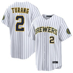 Choea M.Brewers #2 Brice Turang Player White Stripes Home Limited Game Stitched Jerseys