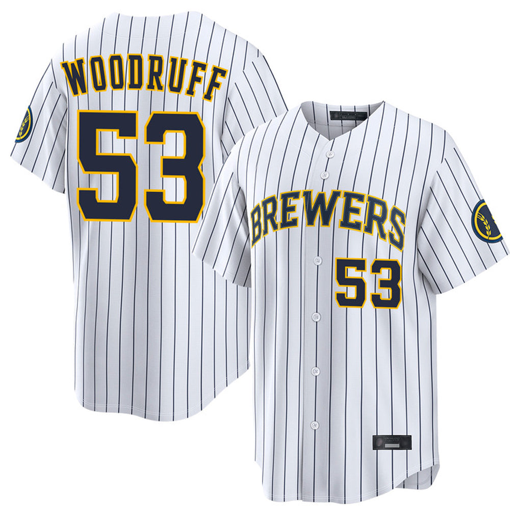 Choea M.Brewers #53 Brandon Woodruff Player White Stripes Home Limited Game Stitched Jerseys