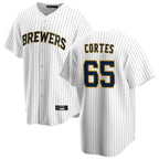 Choea M.Brewers #65 Nestor Cortes Player White Stripes Home Game Stitched Jerseys