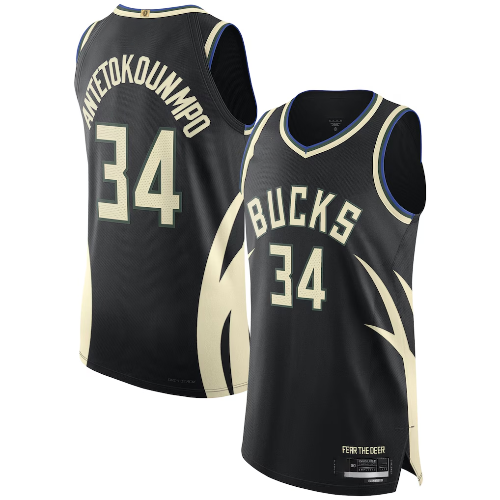 Choea M.Bucks #34 Giannis Antetokounmpo Black Authentic Player Jerseys - Statement Edition