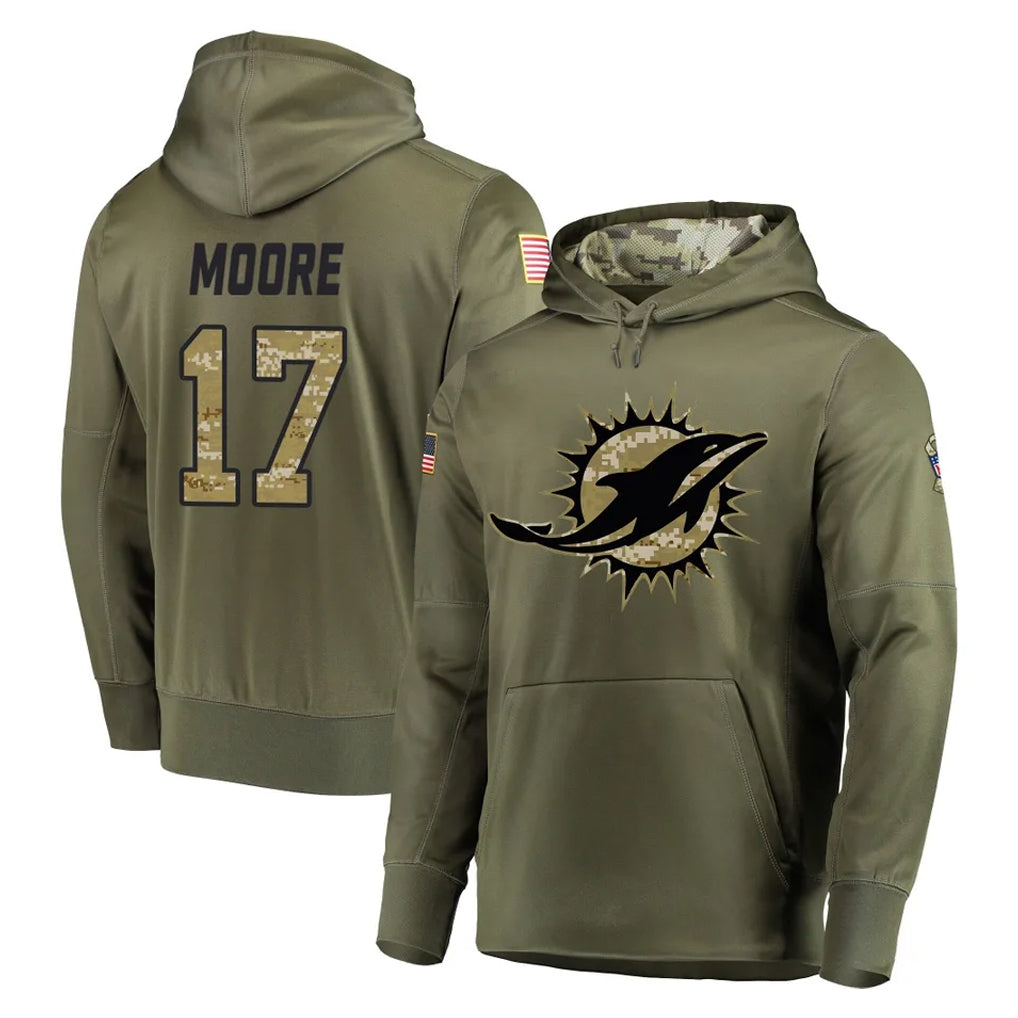 Choea M.Dolphins #17 Trey Moore Player Olive Salute to Service Pullover Hoodies Home Game Stitched Jerseys