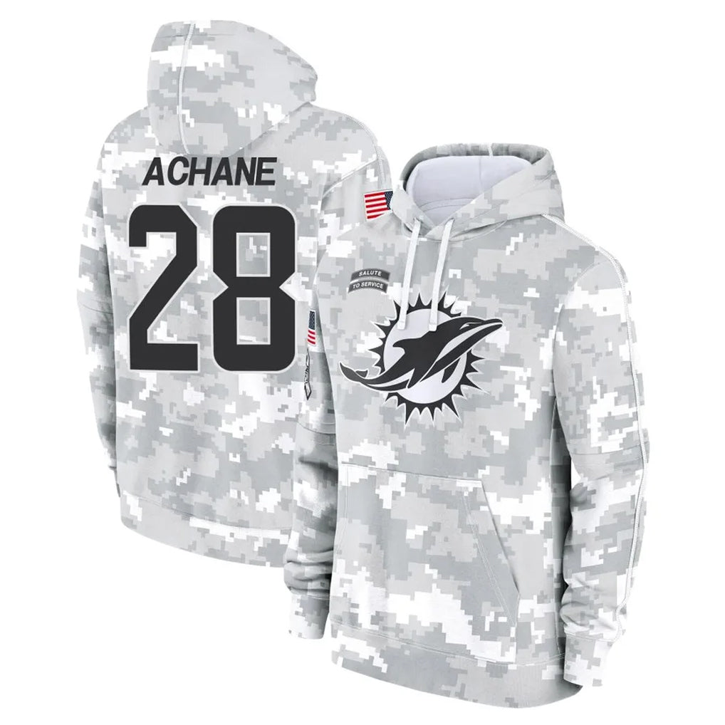 Choea M.Dolphins #28 De'Von Achane Player Arctic Camo Salute to Service Hoodies Limited Game Stitched Jerseys