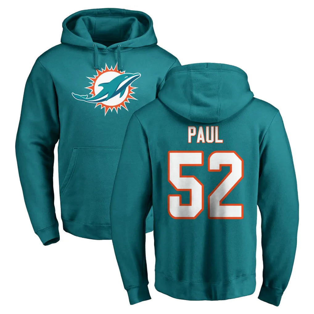 Choea M.Dolphins #52 Patrick Paul Player Aqua LOGO Pullover Hoodies Limited Stitched Jerseys