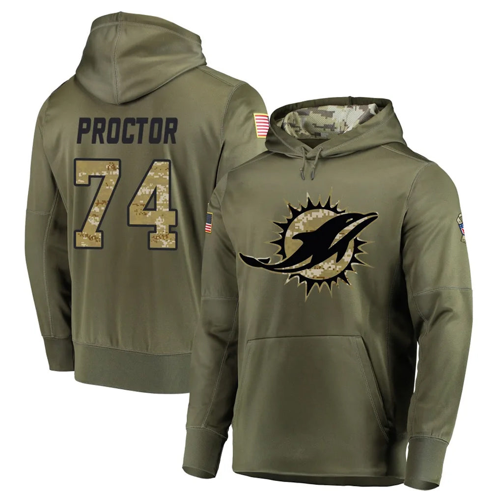 Choea M.Dolphins #74 Kadyn Proctor Player Olive Salute to Service Pullover Hoodies Home Game Stitched Jerseys