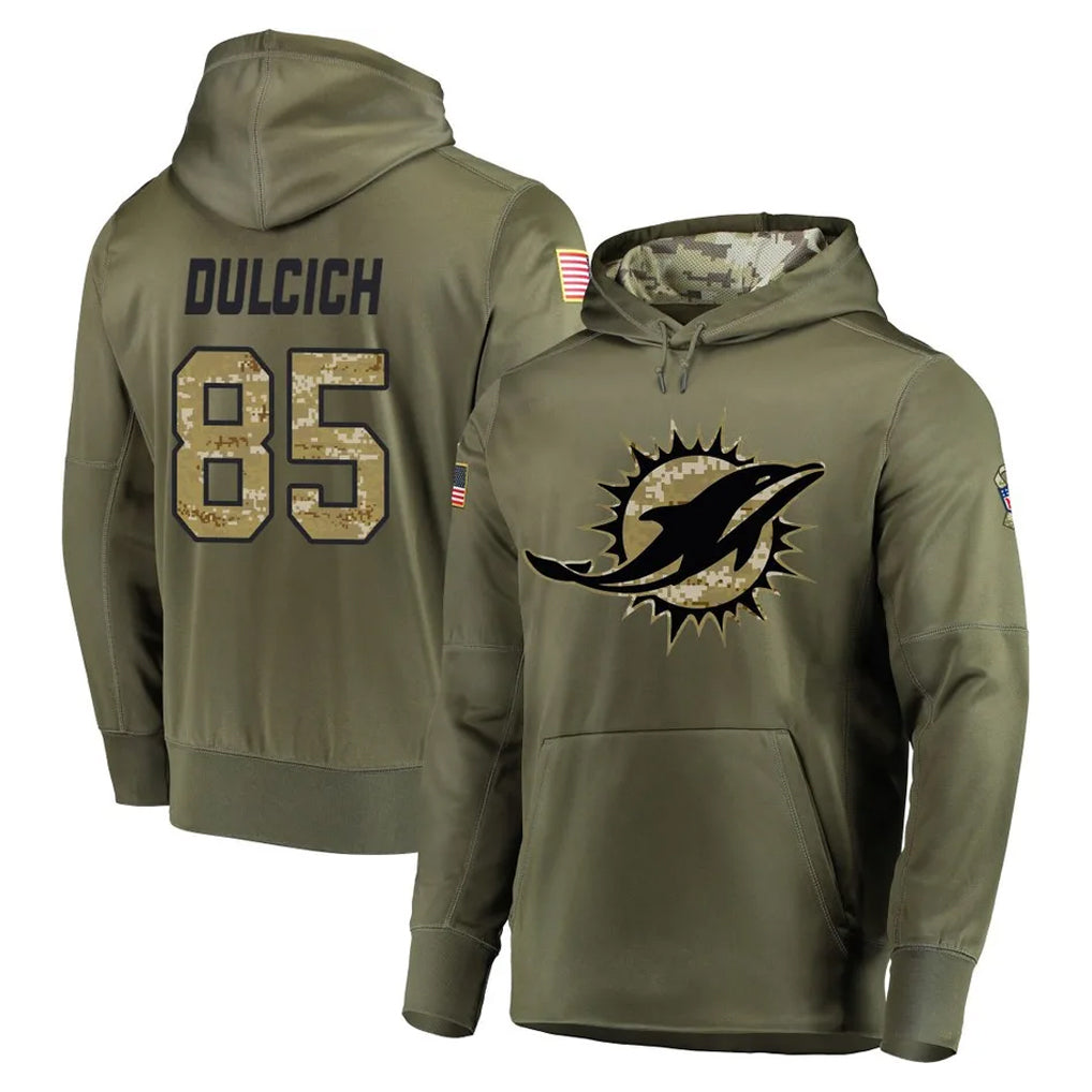 Choea M.Dolphins #85 Greg Dulcich Player Olive Salute to Service Pullover Hoodies Home Game Stitched Jerseys