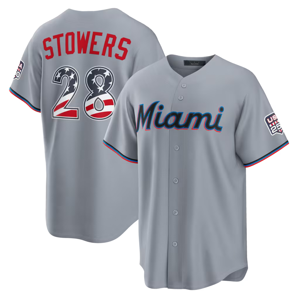 Choea M.Marlins #28 Kyle Stowers Gray USA 250 Fourth of July Road Stadium Jersey
