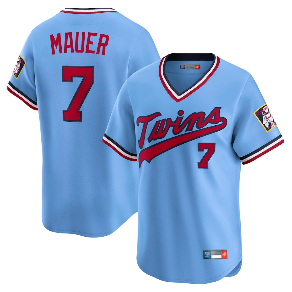 Choea M.Twins #7 Joe Mauer Player Light Blue Throwback Cooperstown Collection Limited T-shirt Stitched Jerseys