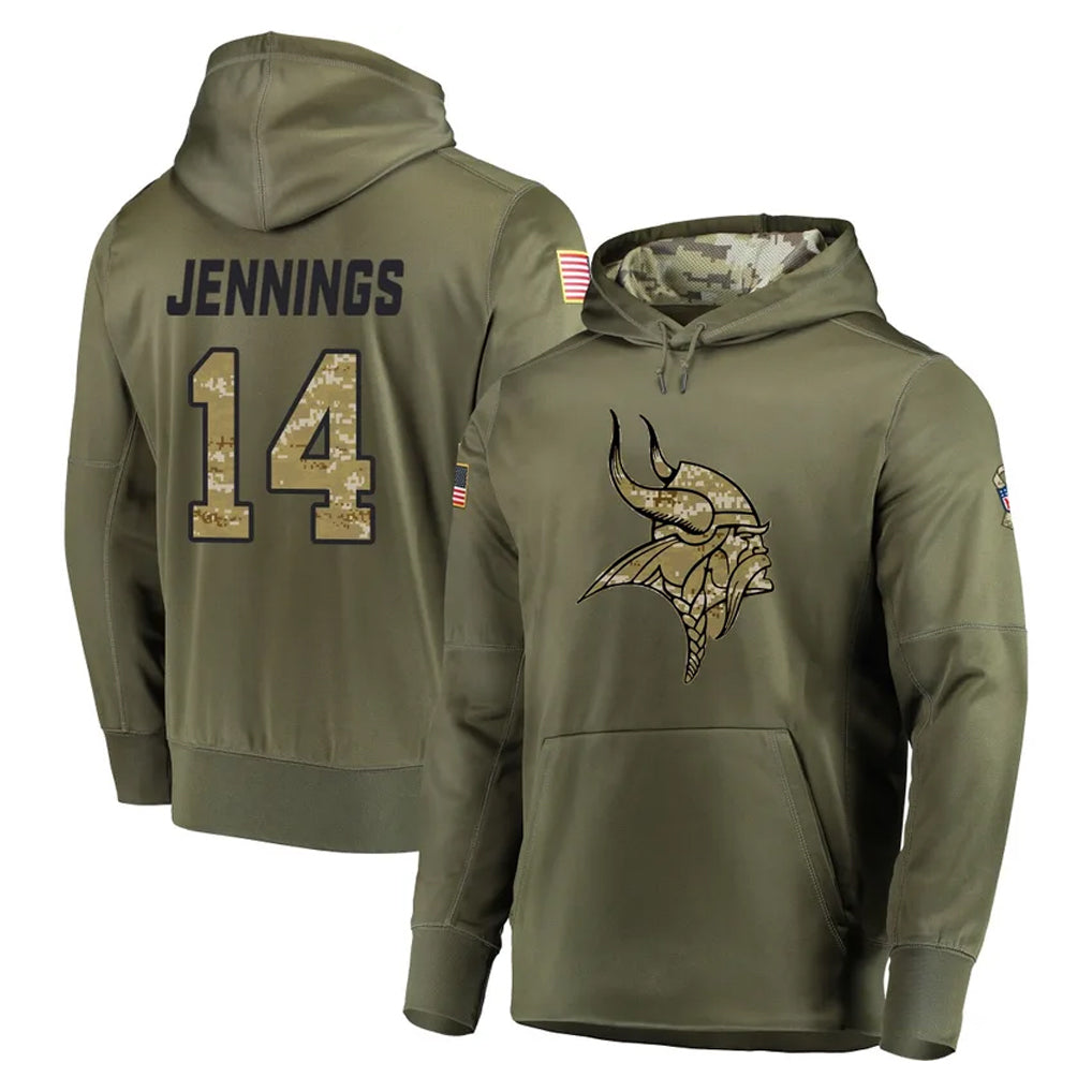 Choea MN.Vikings #14 Jauan Jennings Player Olive Salute to Service Pullover Hoodies Home Game Stitched Jerseys