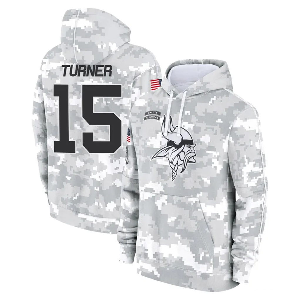 Choea MN.Vikings #15 Dallas Turner Player Arctic Camo Salute to Service Pullover Hoodies Limited Game Stitched Jerseys