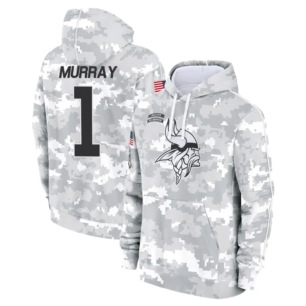 Choea MN.Vikings #1 Kyler Murray Player Arctic Camo Salute to Service Pullover Hoodies Limited Game Stitched Jerseys