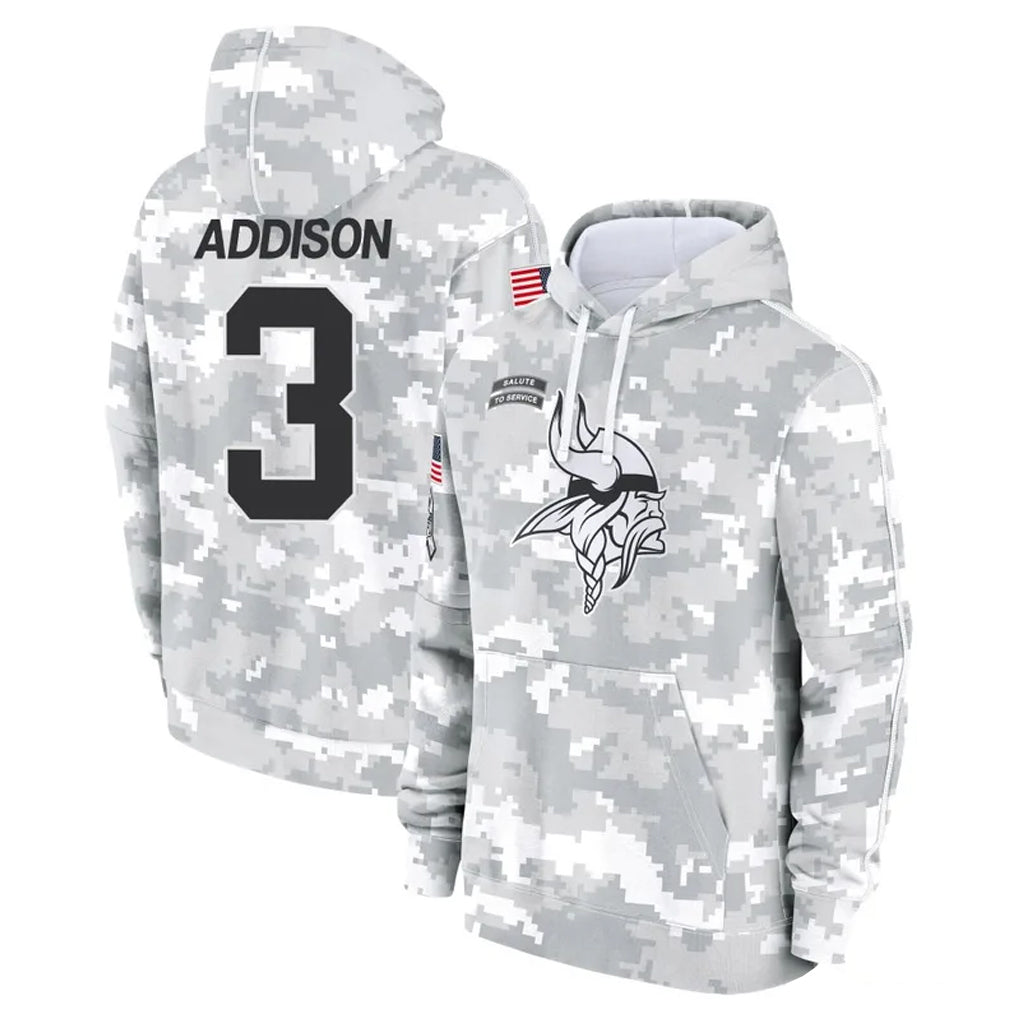 Choea MN.Vikings #3 Jordan Addison Player Arctic Camo Salute to Service Pullover Hoodies Limited Game Stitched Jerseys