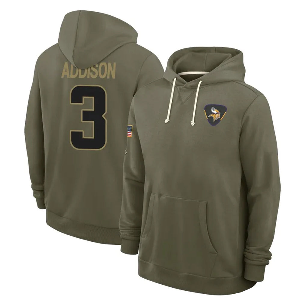 Choea MN.Vikings #3 Jordan Addison Player Olive Salute to Service Pullover Hoodies Limited Stitched Jerseys
