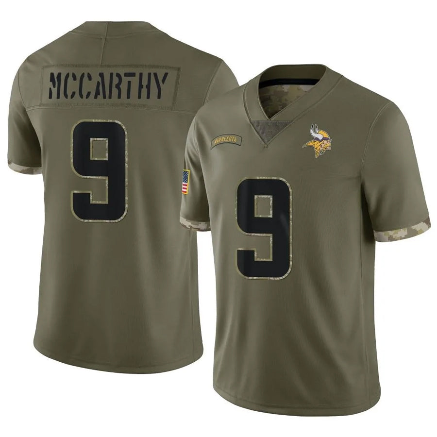 Choea MN.Vikings #9 J.J. McCarthy Player Salute To Service Limited Olive Stitched Jerseys