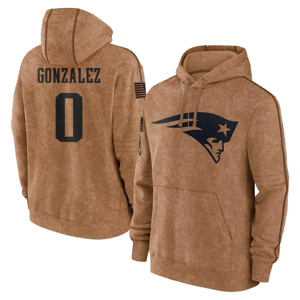 Choea NE.Patriots #0 Christian Gonzalez Player Brown Salute to Service Pullover Hoodies Limited Game Stitched Jerseys