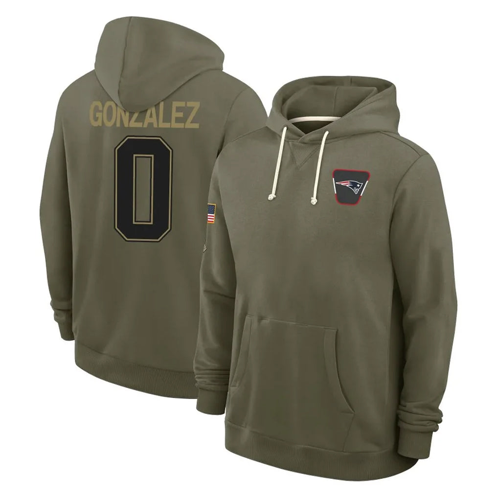 Choea NE.Patriots #0 Christian Gonzalez Player Olive Salute to Service Pullover Hoodies Limited Stitched Jerseys