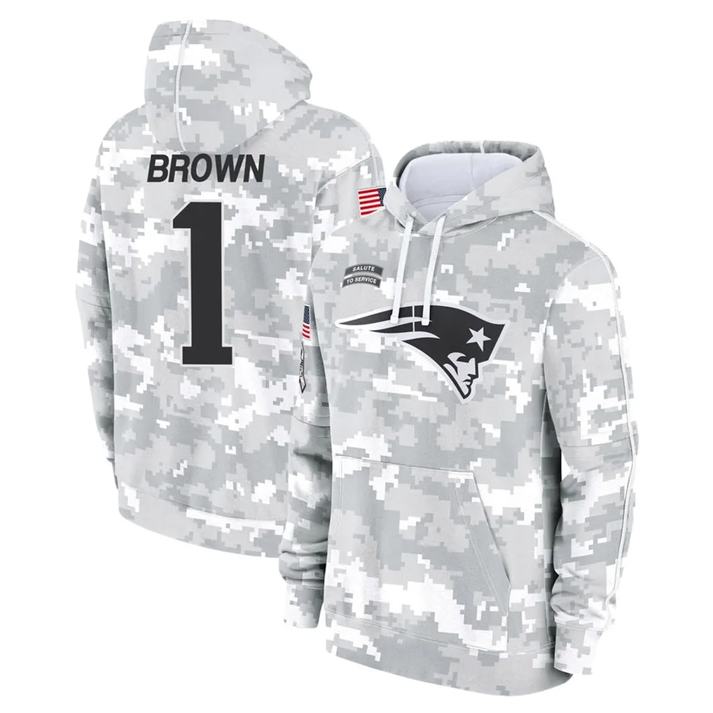 Choea NE.Patriots #1 A.J. Brown Player Arctic Camo Salute to Service Pullover Hoodies Limited Game Stitched Jerseys