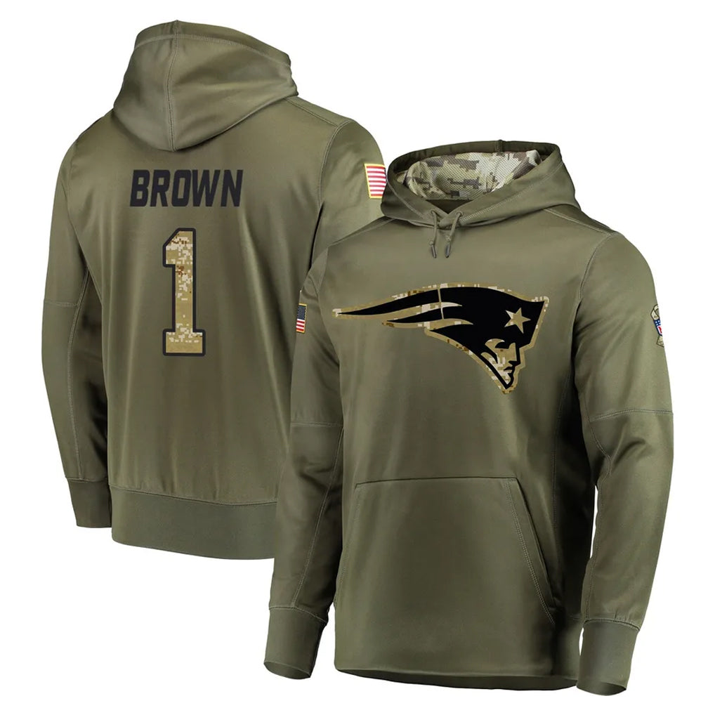 Choea NE.Patriots #1 A.J. Brown Player Olive Salute to Service Pullover Hoodies Home Game Stitched Jerseys