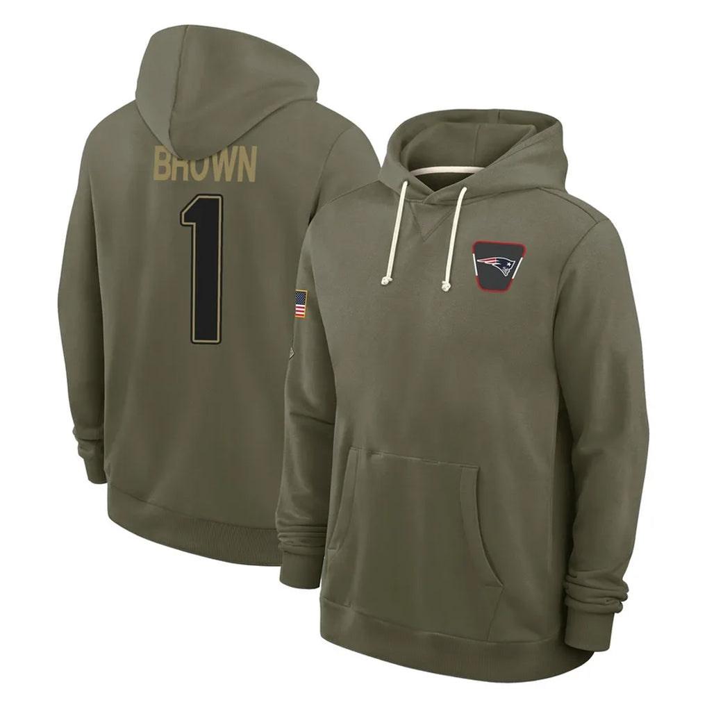 Choea NE.Patriots #1 A.J. Brown Player Olive Salute to Service Pullover Hoodies Limited Stitched Jerseys