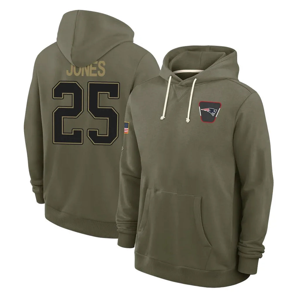 Choea NE.Patriots #25 Marcus Jones Player Olive Salute to Service Pullover Hoodies Limited Stitched Jerseys