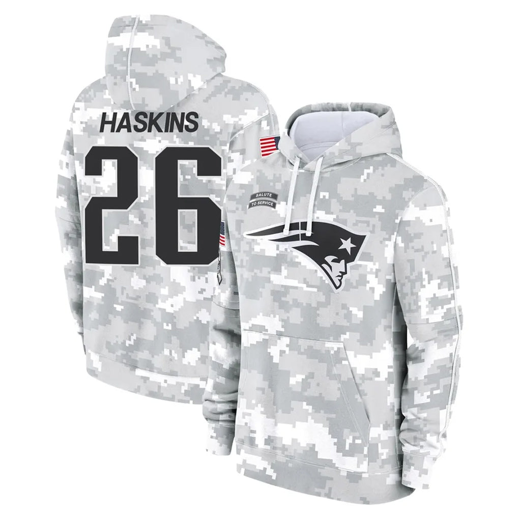 Choea NE.Patriots #26 Hassan Haskins Player Arctic Camo Salute to Service Pullover Hoodies Limited Game Stitched Jerseys