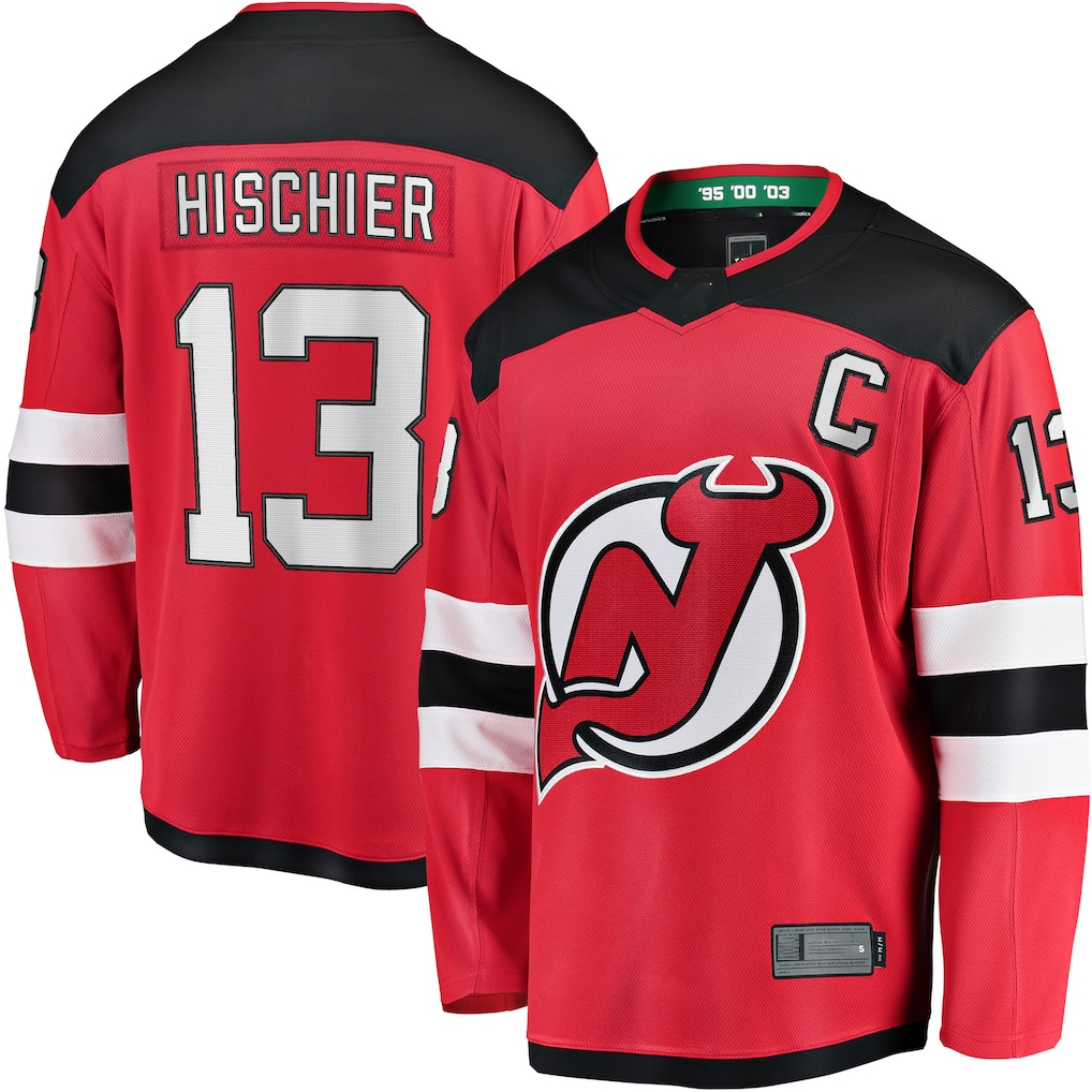 Choea N.Jersey Devils #13 Nico Hischier Red Captain Patch Home Breakaway Jerseys