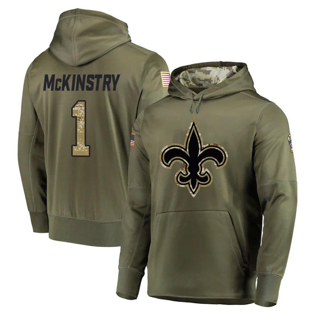 Choea NO.Saints #1 Kool-Aid McKinstry Player Olive Salute to Service Pullover Hoodies Home Game Stitched Jerseys