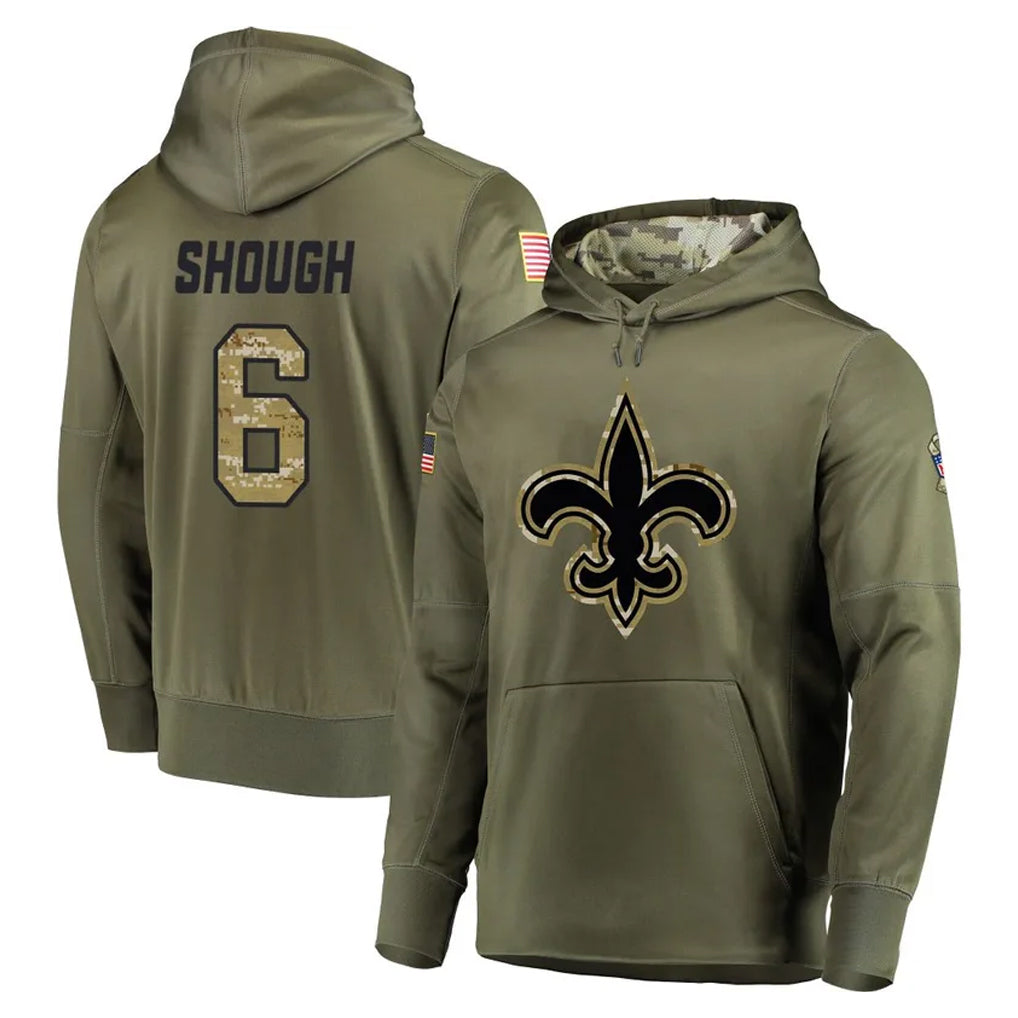 Choea NO.Saints #6 Tyler Shough Player Olive Salute to Service Pullover Hoodies Home Game Stitched Jerseys