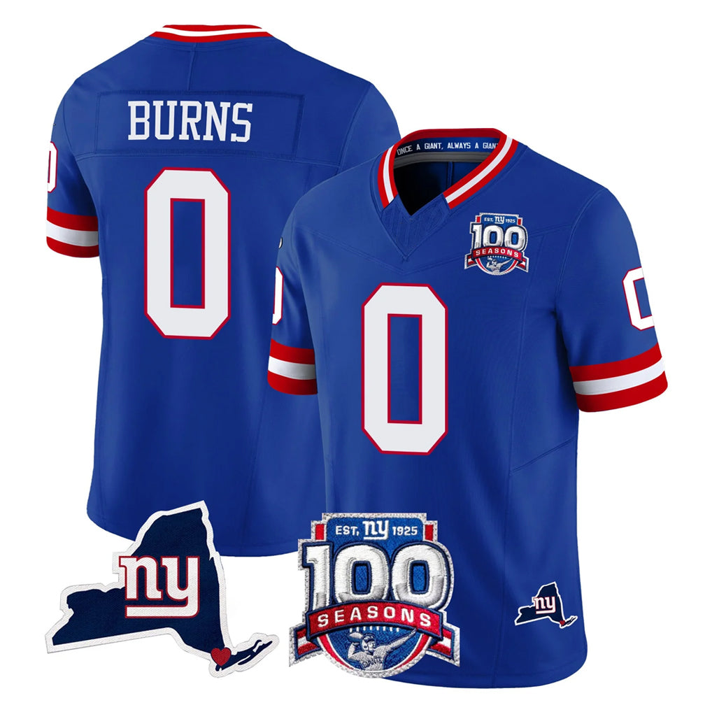 Choea NY.Giants #0 Brian Burns Player Royal 100th Season & State Patch Vapor Limited Home Game Stitched Jerseys