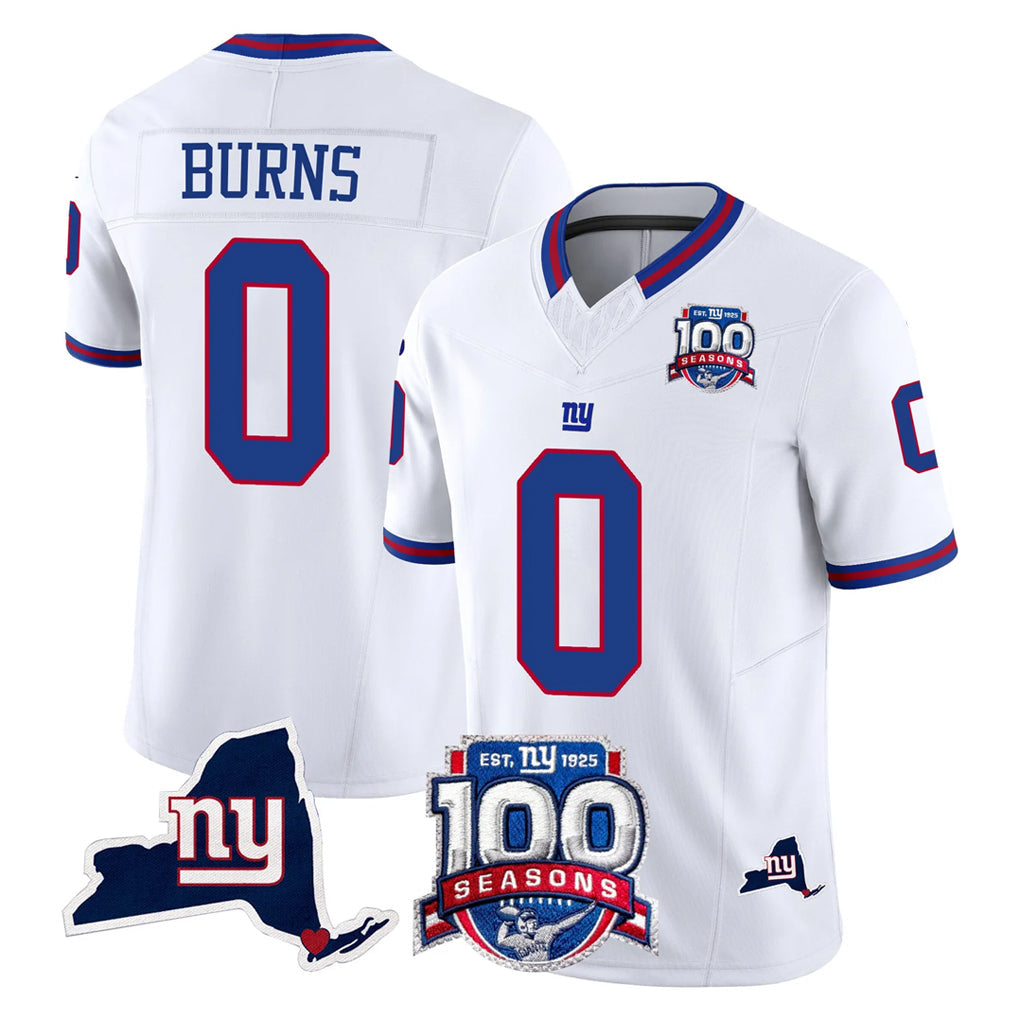 Choea NY.Giants #0 Brian Burns Player White 100th Season & State Patch Vapor Limited Home Game Stitched Jerseys