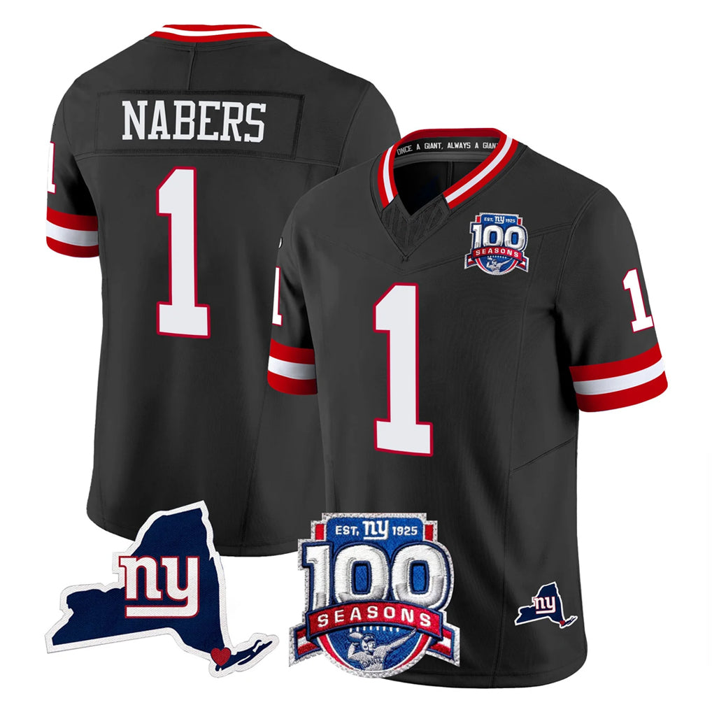 Choea NY.Giants #1 Malik Nabers Player Black 100th Season & State Patch Vapor Limited Home Game Stitched Jerseys