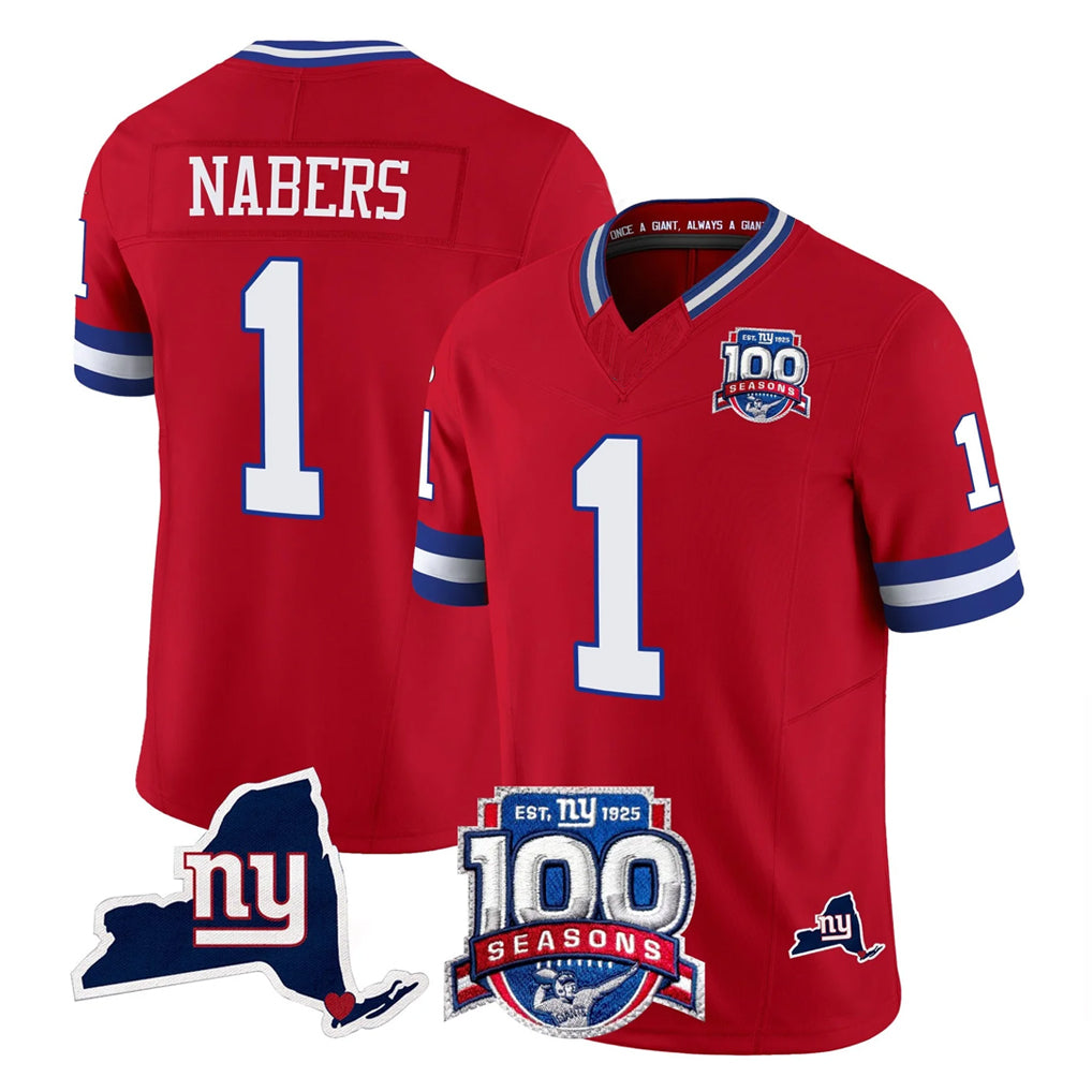 Choea NY.Giants #1 Malik Nabers Player Red 100th Season & State Patch Vapor Limited Home Game Stitched Jerseys