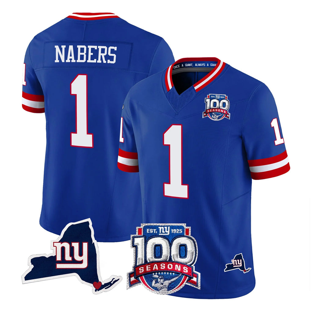 Choea NY.Giants #1 Malik Nabers Player Royal 100th Season & State Patch Vapor Limited Home Game Stitched Jerseys