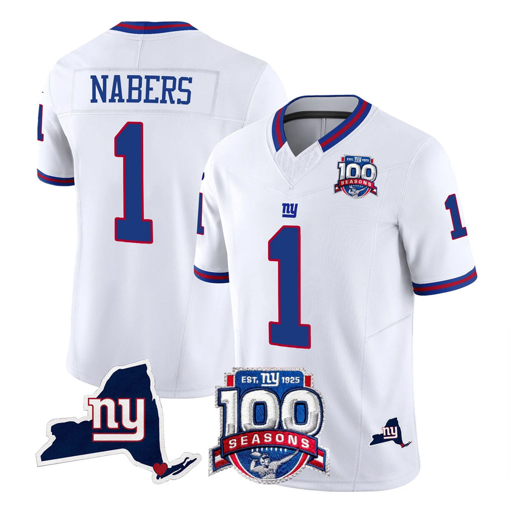 Choea NY.Giants #1 Malik Nabers Player White 100th Season & State Patch Vapor Limited Home Game Stitched Jerseys