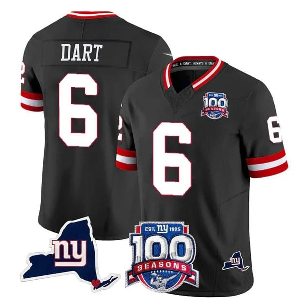 Choea NY.Giants #6 Jaxson Dart Player Black 100th Season & State Patch Vapor Limited Home Game Stitched Jerseys