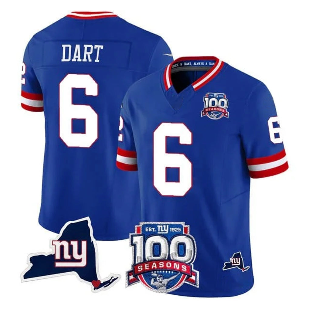 Choea NY.Giants #6 Jaxson Dart Player Royal 100th Season & State Patch Vapor Limited Home Game Stitched Jerseys