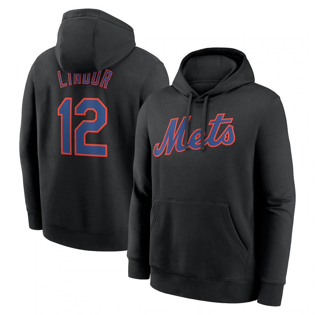Choea NY.Mets #12 Francisco Lindor Player Black Club Pullover Hoodie Game Stitched Jerseys