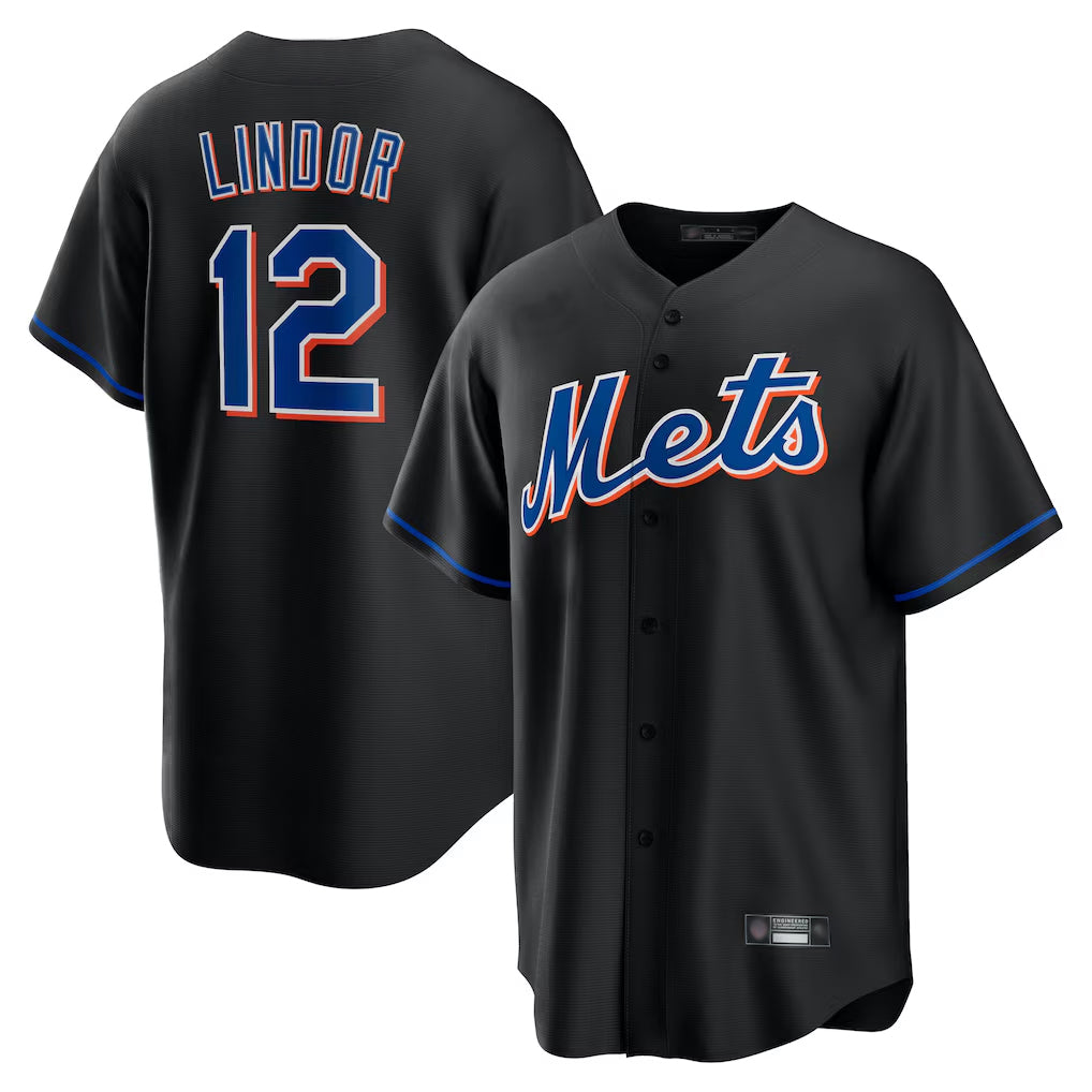 Choea NY.Mets #12 Francisco Lindor Player Black Replica Home Game Stitched Jerseys