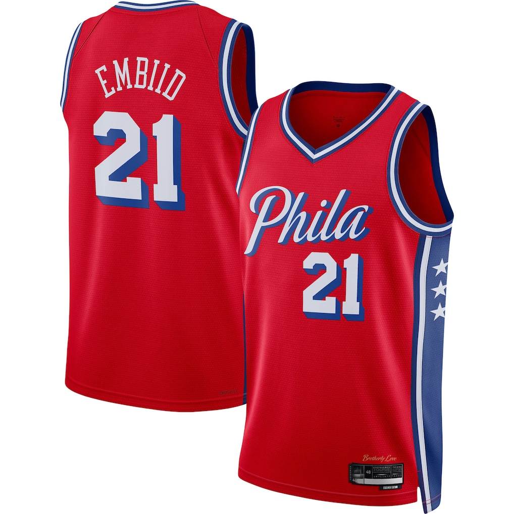 Choea P.76ers #21 Joel Embiid Jordan Brand Red Swingman Jerseys - Statement Edition