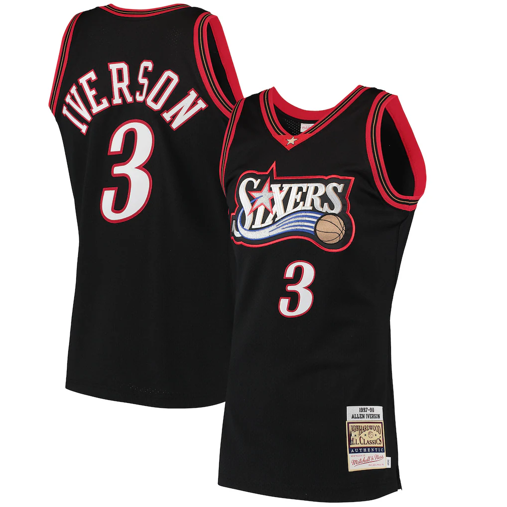 Choea P.76ers #3 Allen Iverson Mitchell & Ness Black 1997-98 Hardwood Classics Authentic Jerseys