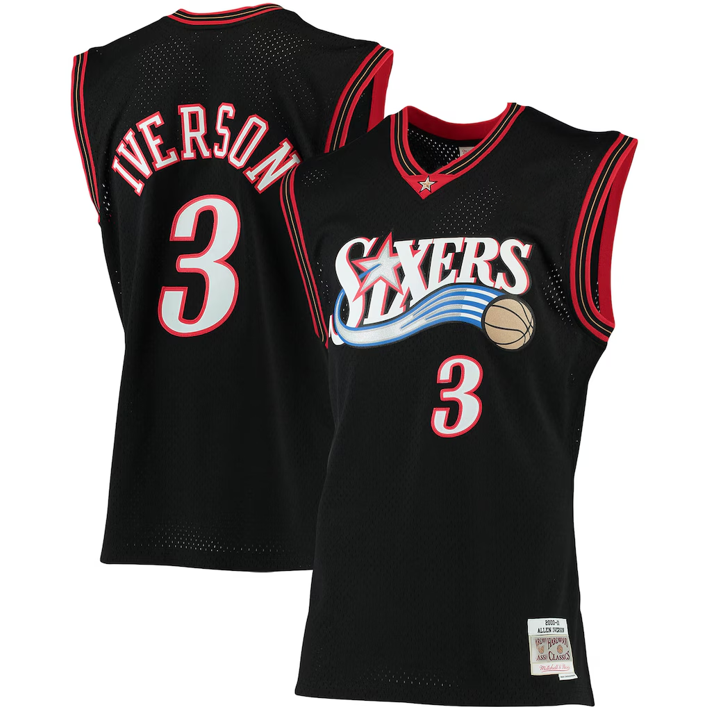 Choea P.76ers #3 Allen Iverson Mitchell & Ness Black 200001 Big & Tall Hardwood Classics Swingman Jerseys