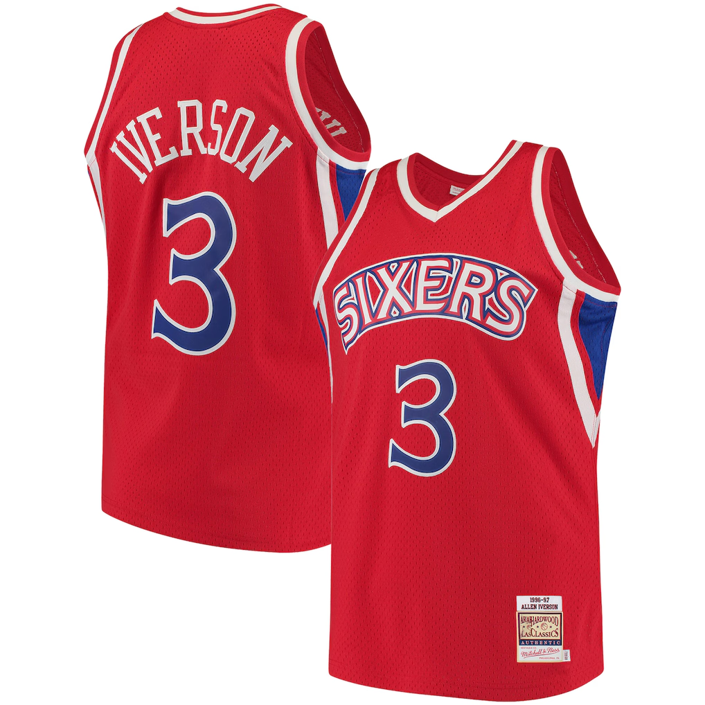 Choea P.76ers #3 Allen Iverson Mitchell & Ness Red 199697 Hardwood Classics Authentic Jerseys